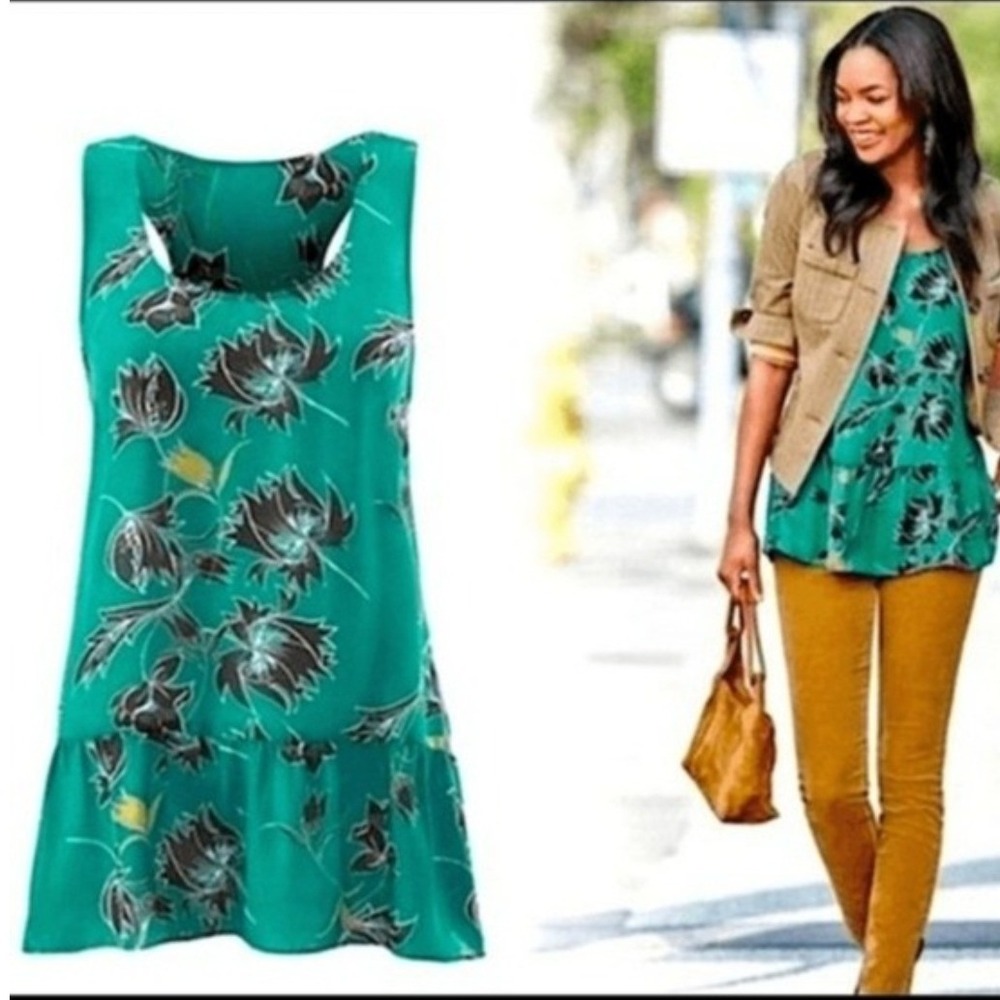 Cabi 3276 Womens Teal Green Floral Racerback Peplum Ruffle Tank Top Medium